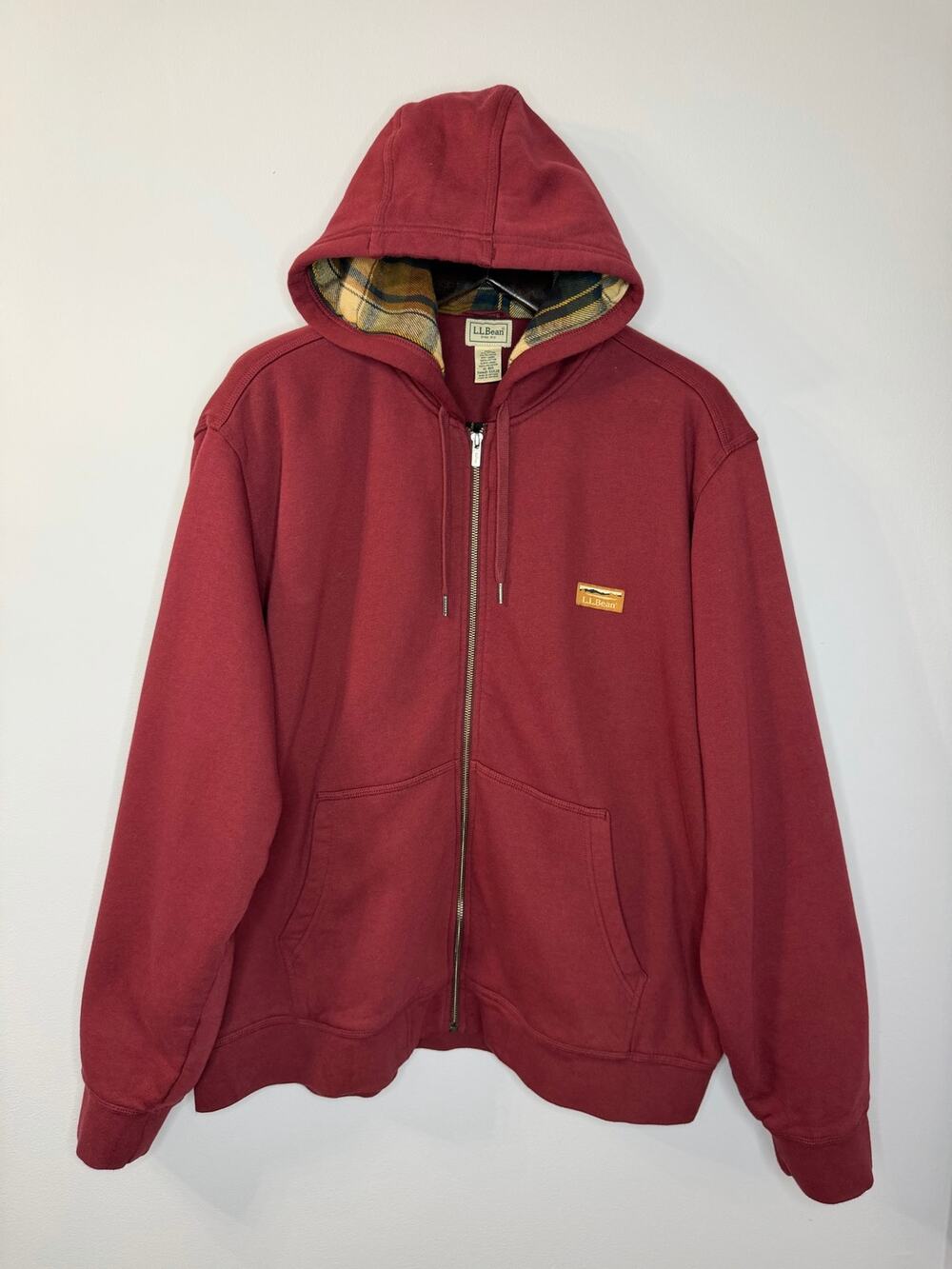 L.L.Bean Men's Katahdin Iron Works Hooded Sweatshirt Flannel-Lined Men's XL Red
